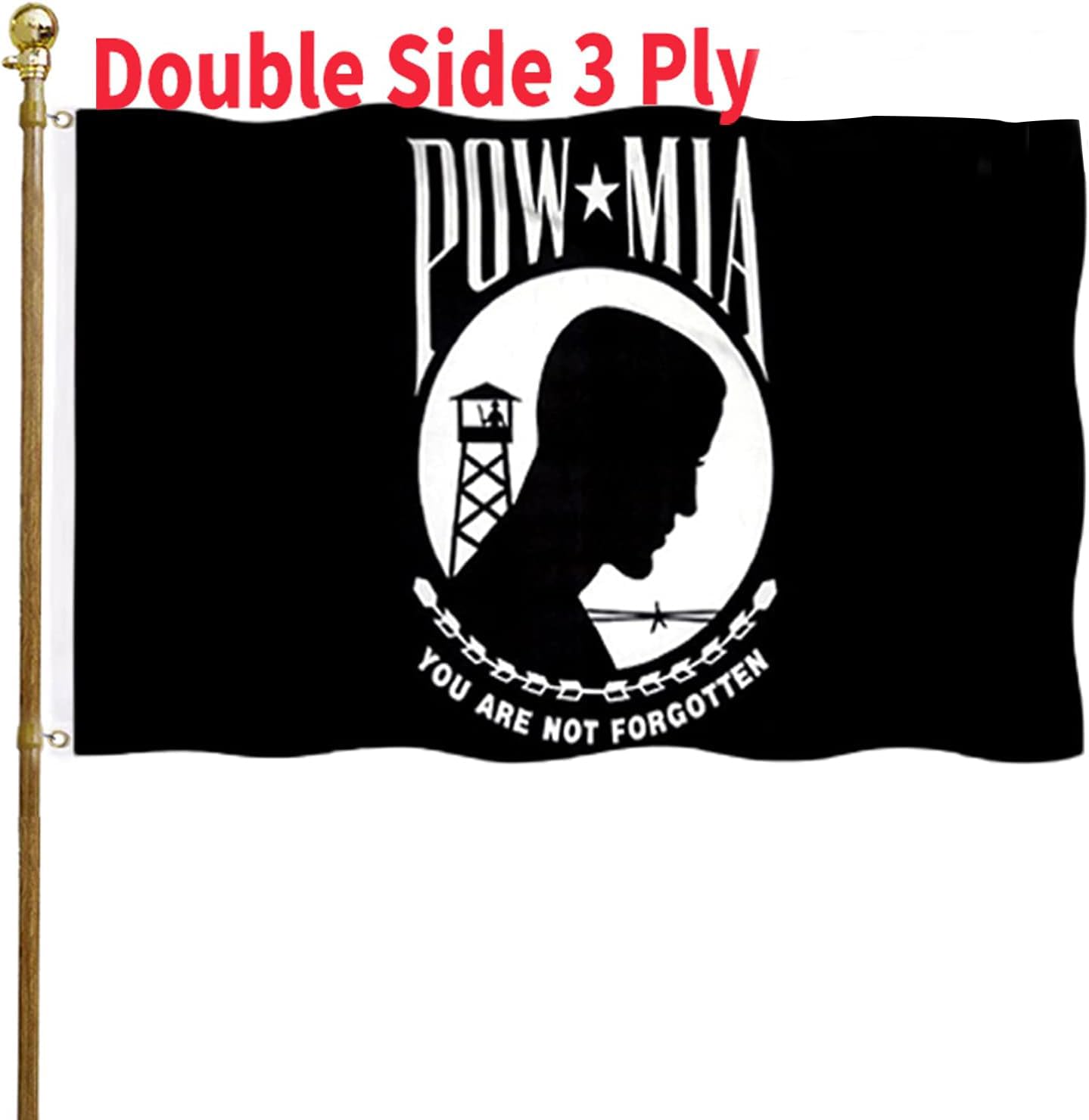 Pow Mia Flag 3x5 Ft Outdoor Heavy Duty Polyester Military Pow FlagsDouble Sided 3 Ply Banner 200D with Durable Canvas Header and 2 Brass Grommets Powmia Banner- You are Not Forgotten War Flags