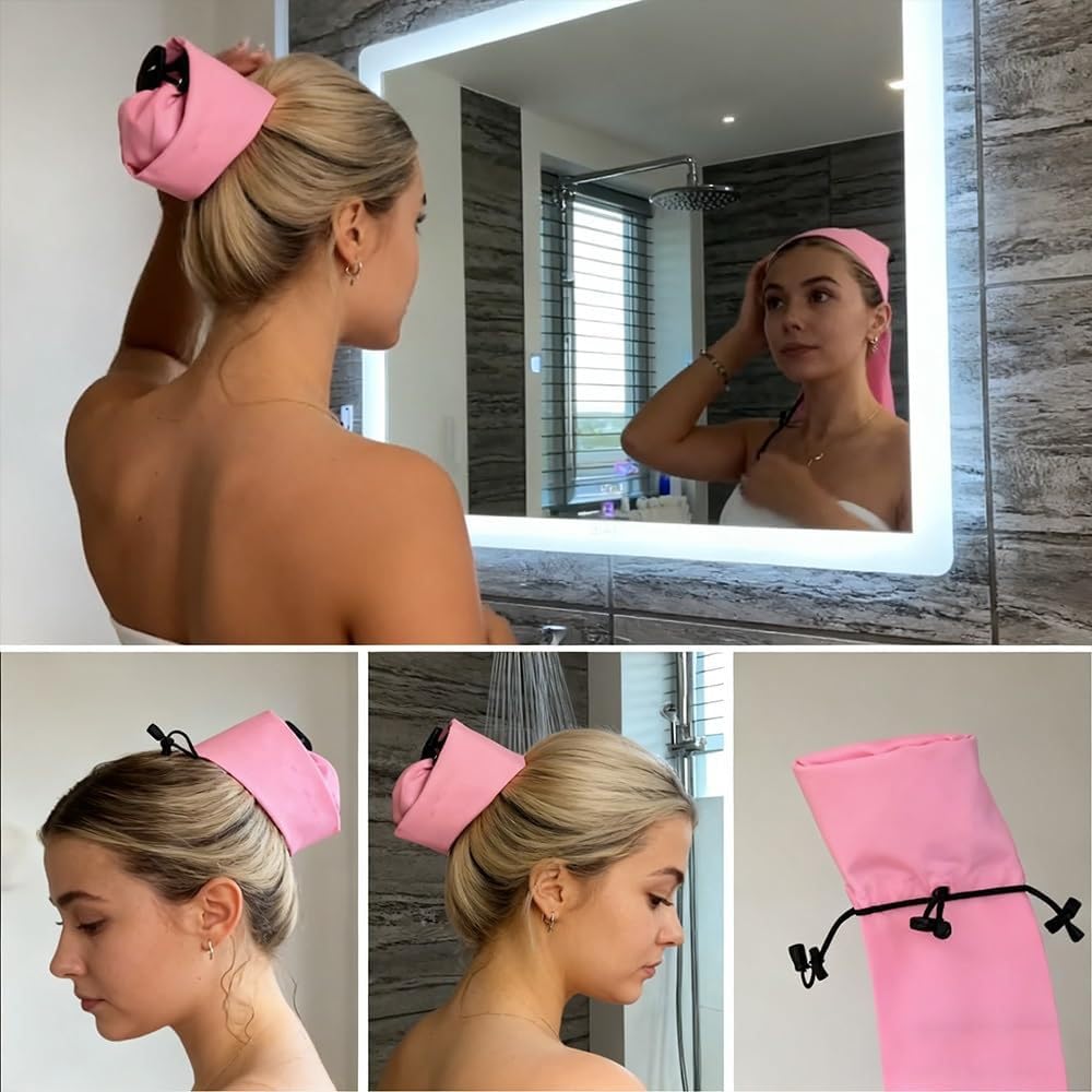 Waterproof Hair Sleeve for Long Hair, Crown Washing Shower Cap Ponytail, Pink Ponytail Shower Cap, Hair Protection Cover for Swimming Pool, Gym, Beach, Travel
