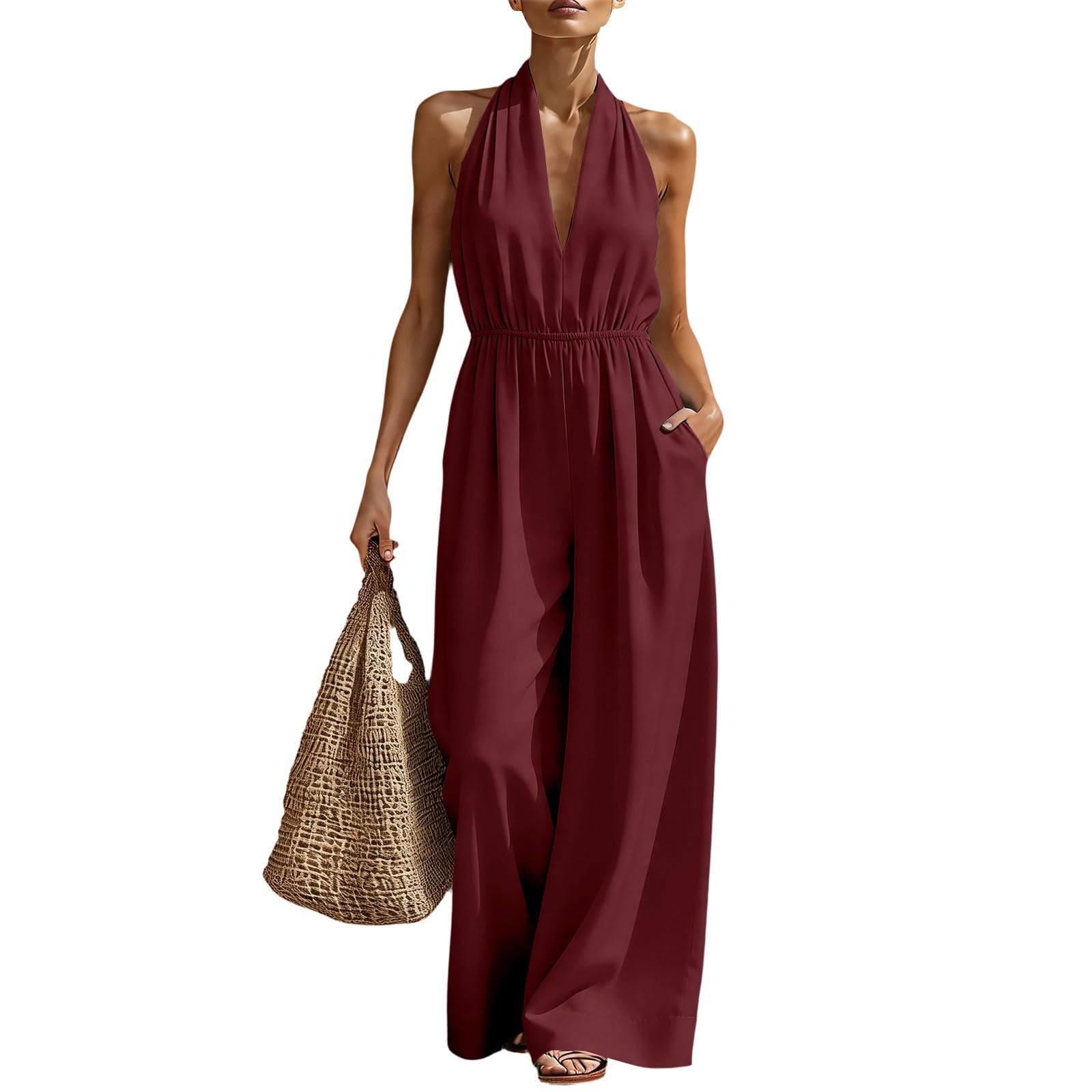 Generisch Tuta da donna elegante per matrimonio, con allacciatura al collo | Tuta con scollo a V, tinta unita, senza maniche, a gamba larga, con tasche, tuta aderente per feste