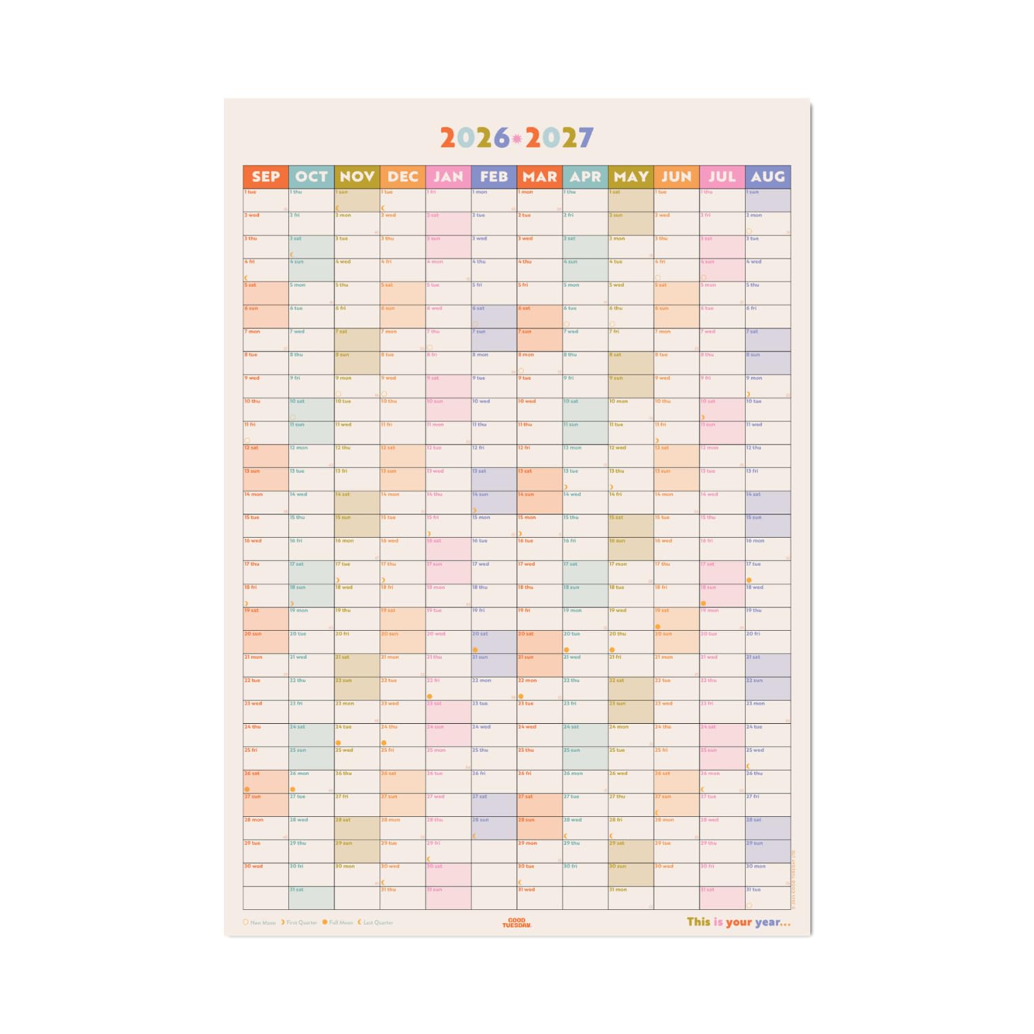 Good Tuesday - 2026-2027 Academic Family Planner, Your Year in Pastels, A1 Portrait Wall Planner, Designed and Made in the UK, Multi-Coloured,