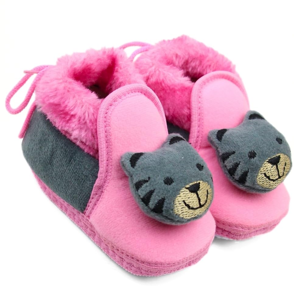 Neska Moda 6 To 12 Months Baby Boys & Girls Cotton Animal Face Shoes/Booties (Baby Pink,Grey)-BT3364