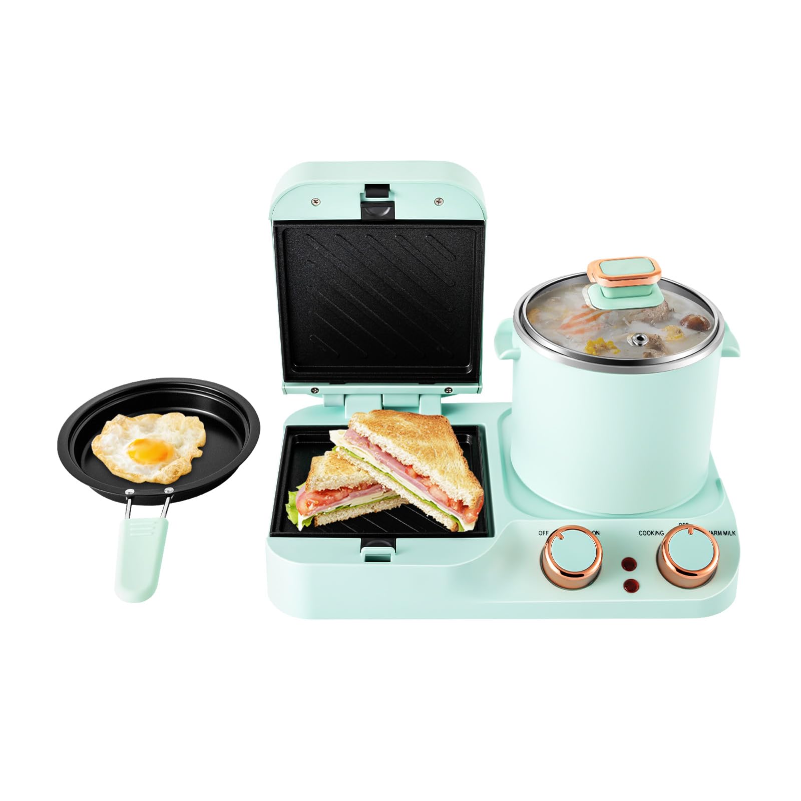 3 in 1 Retro Household Breakfast Maker, Electric Mini Toaster Bread Breakfast Sandwich Maker, Breakfast Machine with Frying Pan, Boiling Pot, Food Steamer