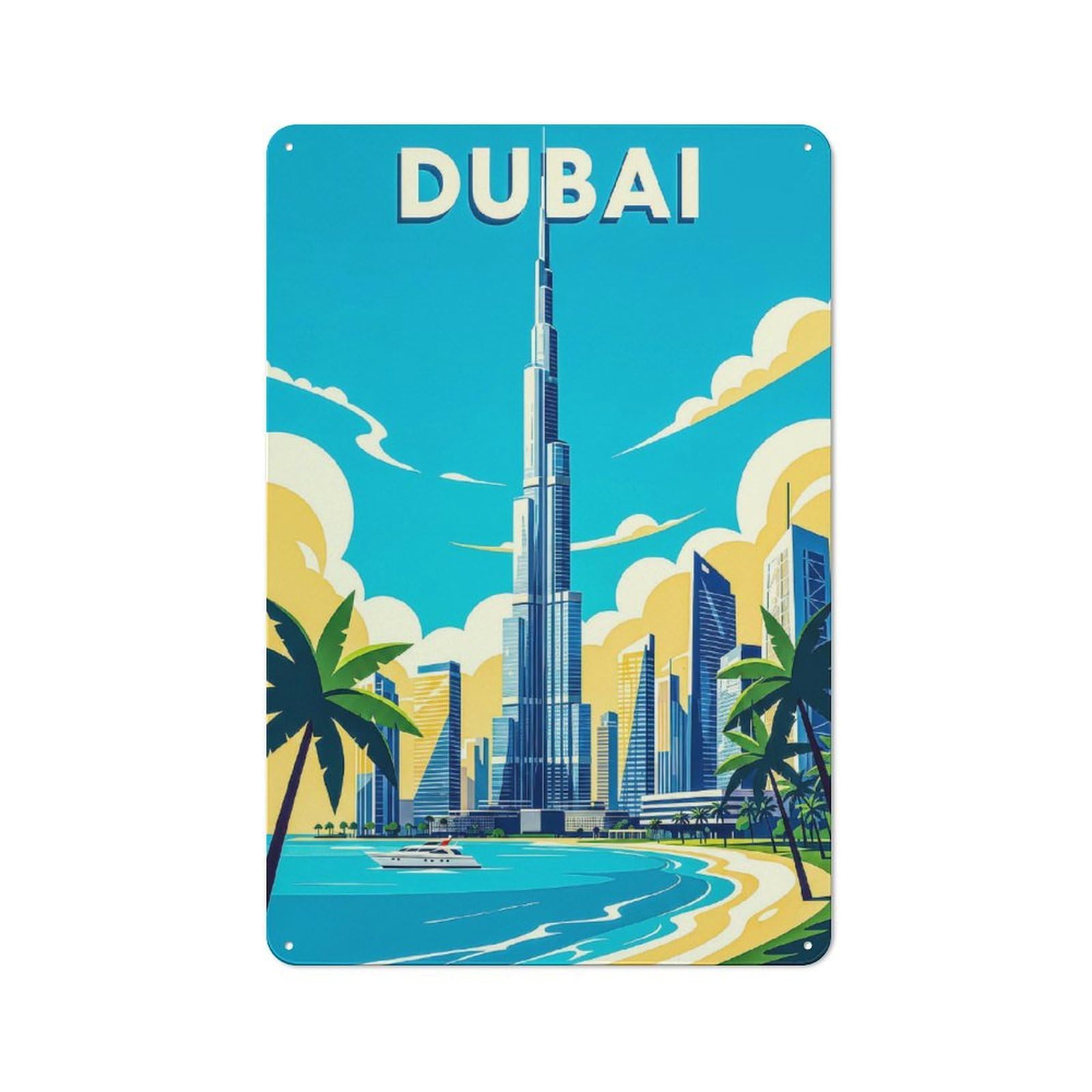 Junmoney Style-21 Metal Wall Sign 30X20cm Featuring Dubai Skyline With Burj Khalifa For Café Or Home Bar, A Decorative Gift For A Newly Furnished Café And Home Bar