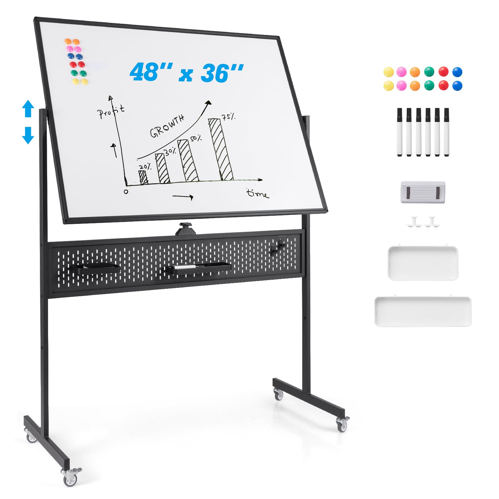 RELAX4LIFE 120 x 90 cm Lavagna Cancellabile a Secco con Ruote, Lavagna Magnetica con Supporto, Pannello Forato e Altezza Regolabile a 2 livelli, Lavagna a Cavalletto a Doppia Faccia (Nero)