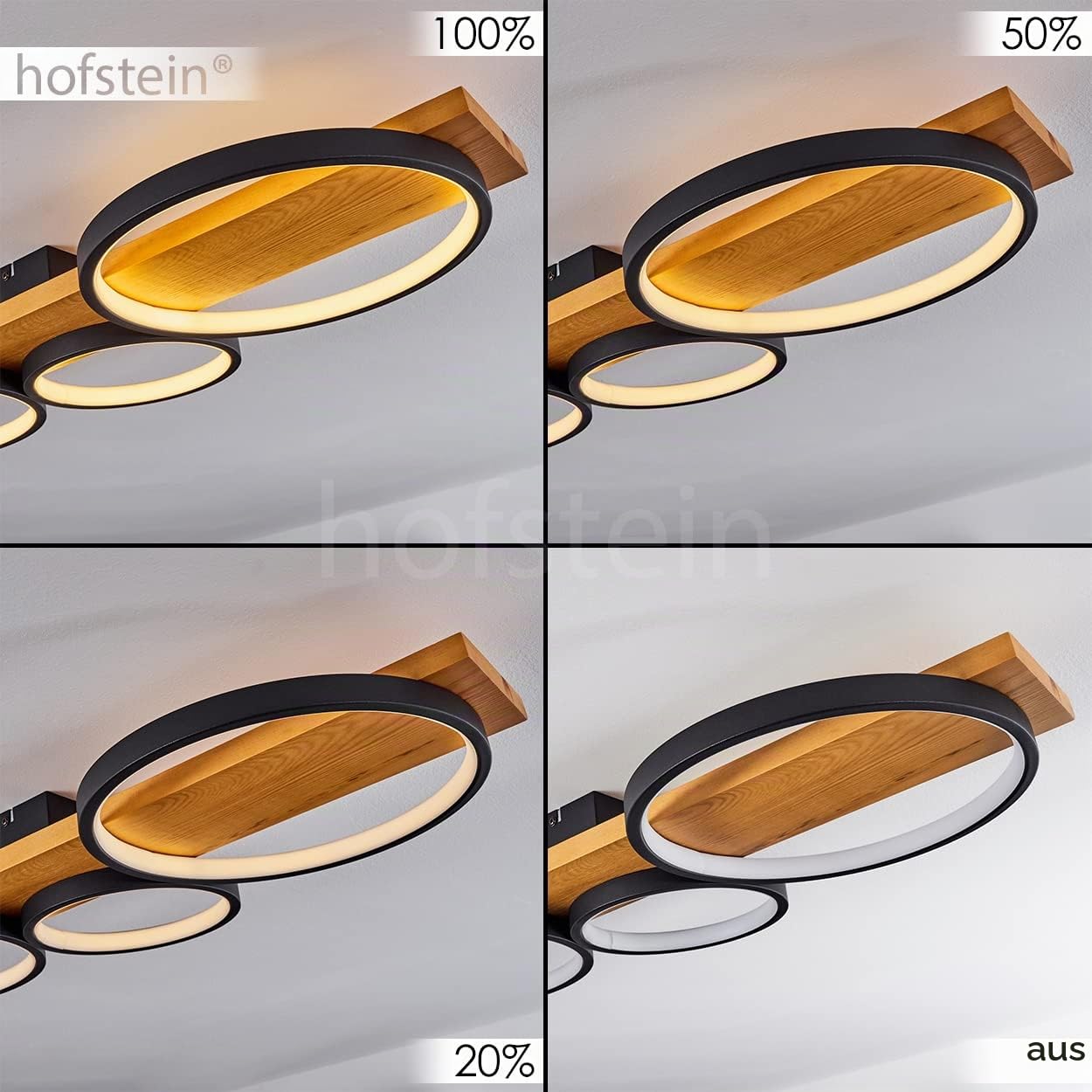 HOFSTEIN LED Deckenleuchte Rodekro, dimmbare Deckenlampe aus Metall/Holz in Schwarz/Natur, dimmbar über Lichtschalter, moderne Leuchte mit Holzbalken, 44 Watt, 3000 Kelvin, 5100 Lumen, Wohnzimmer