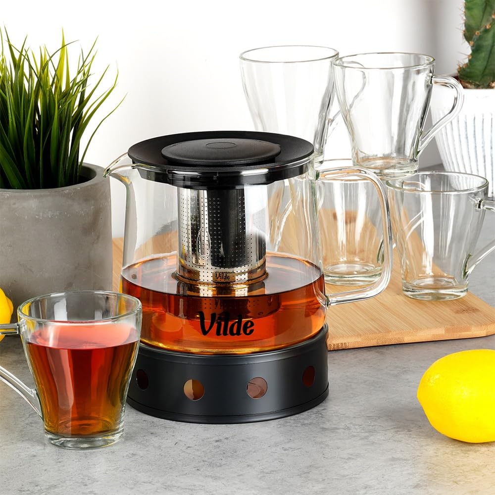Teiera con colino da 1,5 l + scaldavivande + 6 bicchieri, 8 pezzi