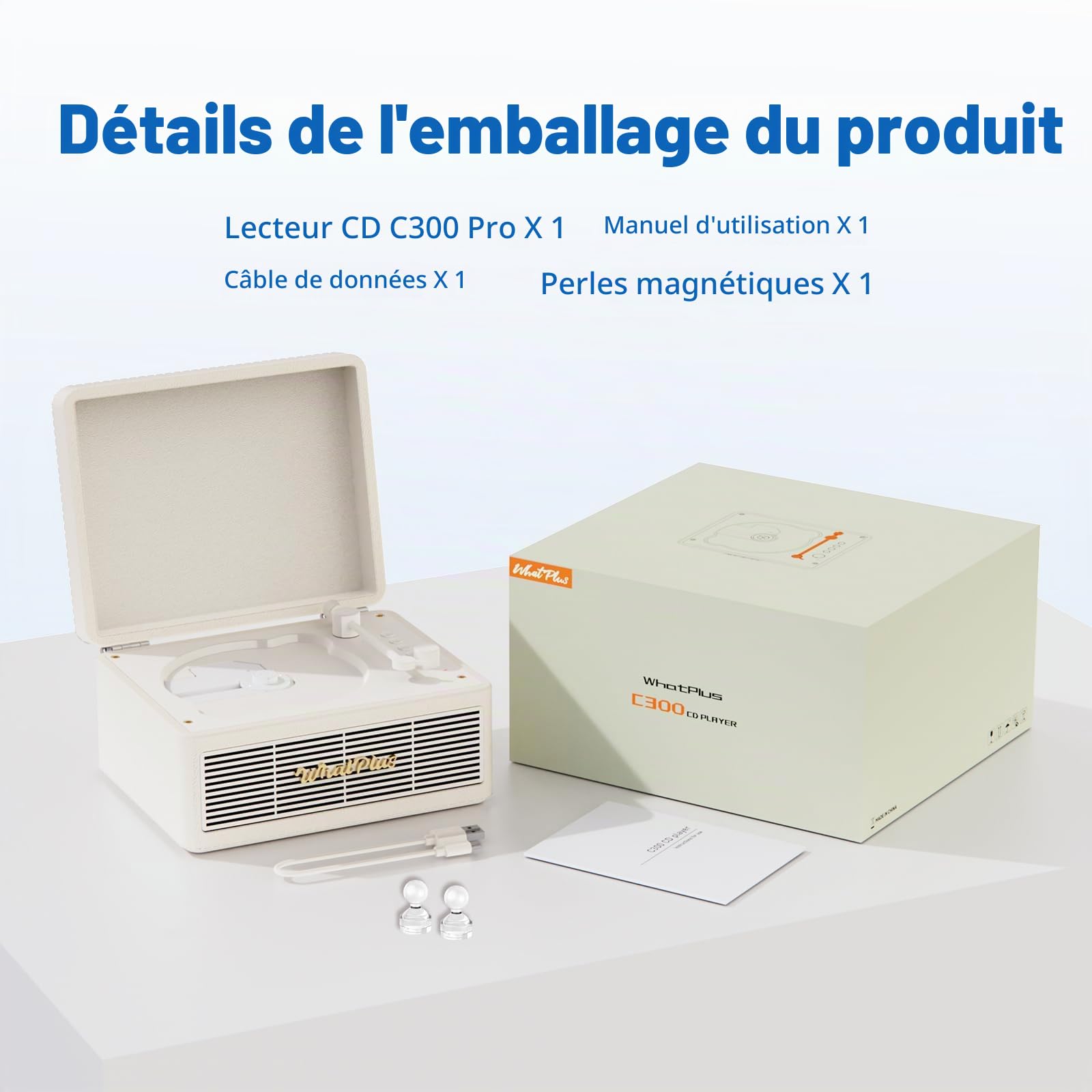 C300PRO Lecteur CD avec haut-parleur Bluetooth, son haute fidélité, contrôle par application, affichage magnétique pour photos et broches, lecteur de musique de bureau rétro, cadeau pour les