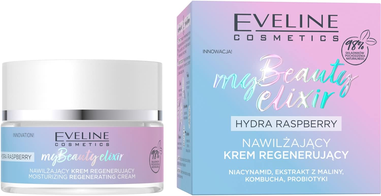 EVELINE COSMETICS My Beauty Elixir Hydra Framboos Hydraterende Regenererende Crème Voedende Verzachtende Biologische veganistische formule 98% natuurlijk onder make-up 50 ml