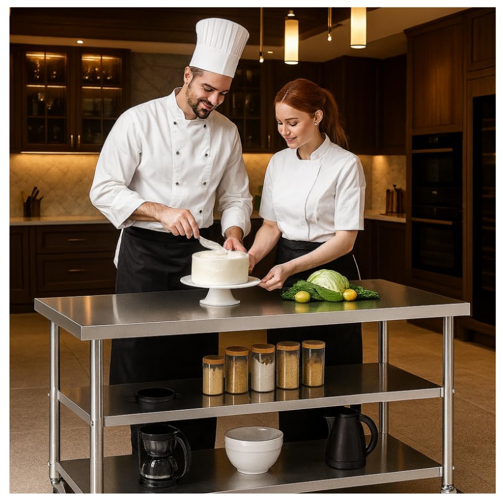 Stainless Steel Table with Wheels for Food Preparation and Work, Multi-Size Optional, Three-Layer Variable Two-Layer Metal Commercial Workbench Outdoor, Restaurant, Kitchen (60" Lx32 Wx34 H)