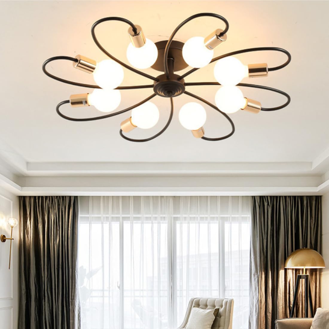 Lampa sufitowa E27, spiralna, metalowa, owalna, czarno-złota, dekoracja, do sypialni, żyrandol do biura, jadalni, gabinetu, nowoczesne wzornictwo, oświetlenie wewnętrzne, 8-punktowa, Ø 80 cm