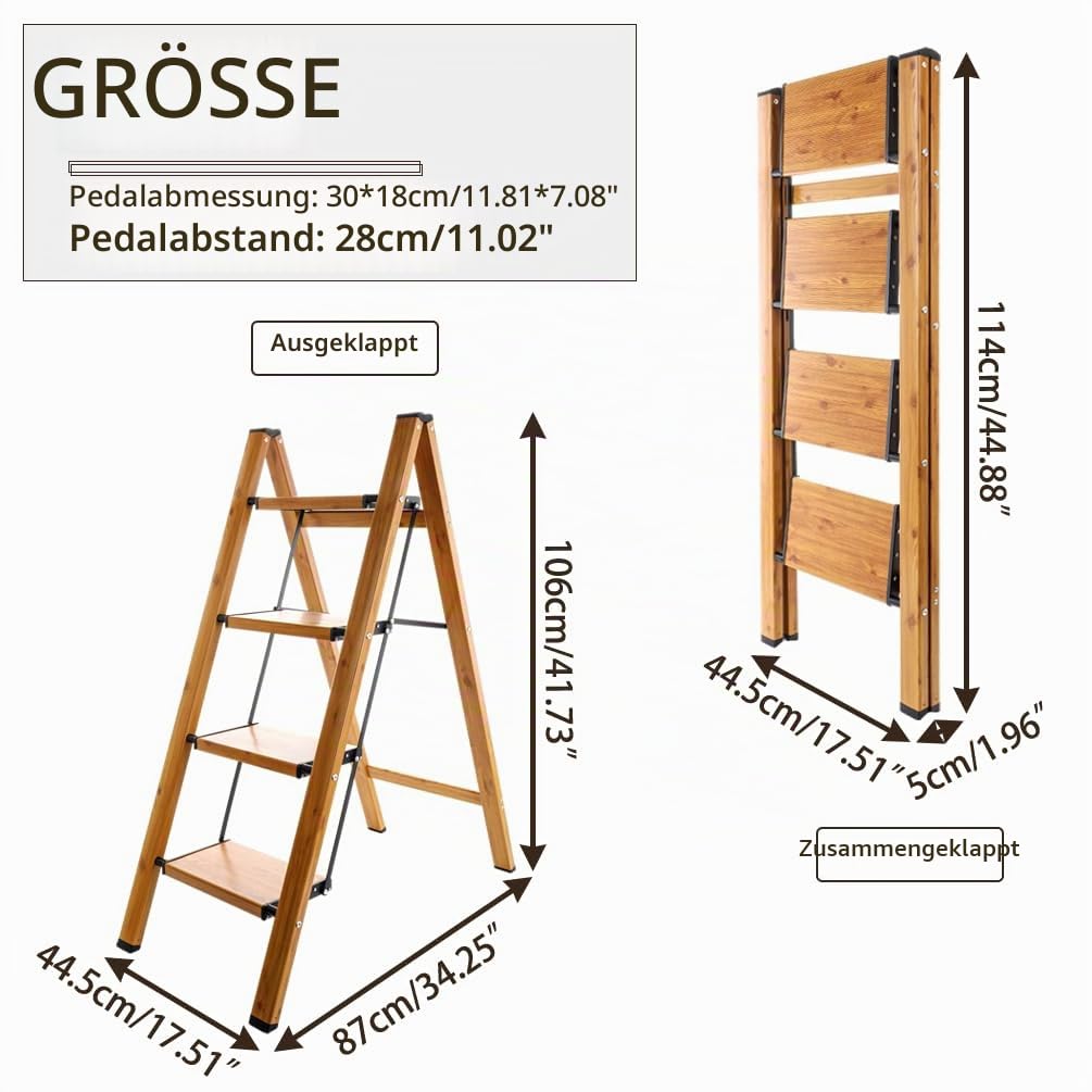 BAOYOUNI 4 Stufen Klappleiter Aluminium Leiter Trittleiter Klappbar Tragbare Stufenleiter Haushaltsleiter mit Breitem Anti-Rutsch Pedal, Tragfähigkeit 150 kg, Holzmaserung Farbe+Schwarz
