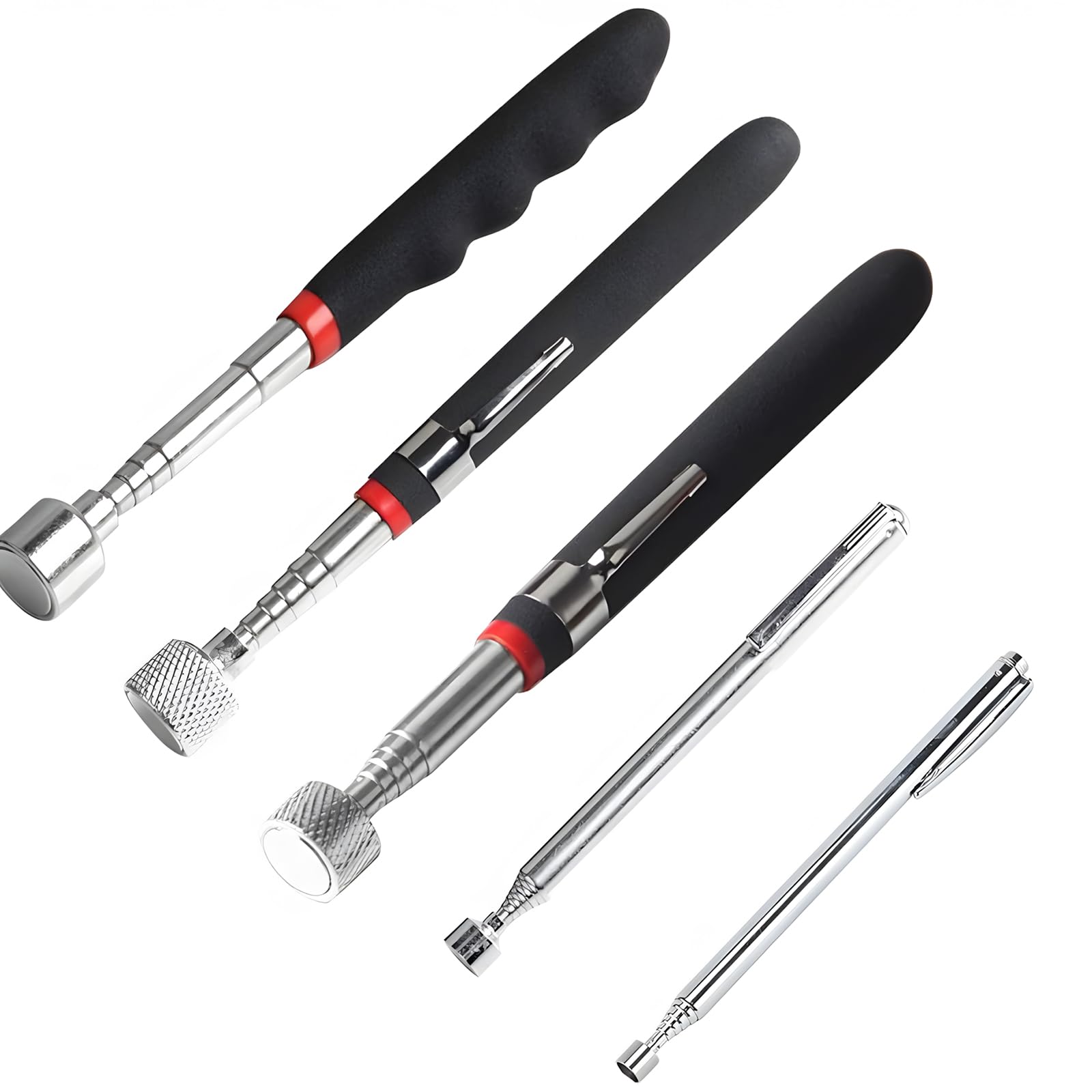 Foyscr Black 5 Pcs Magnetic Telescopic Pickup Tool Set With Magnetic Sticker - Heavy Duty Extendable Magnetic Grabber With Pocket Clip, Holds 1.5Lb/3Lb/10Lb/15Lb/20Lb