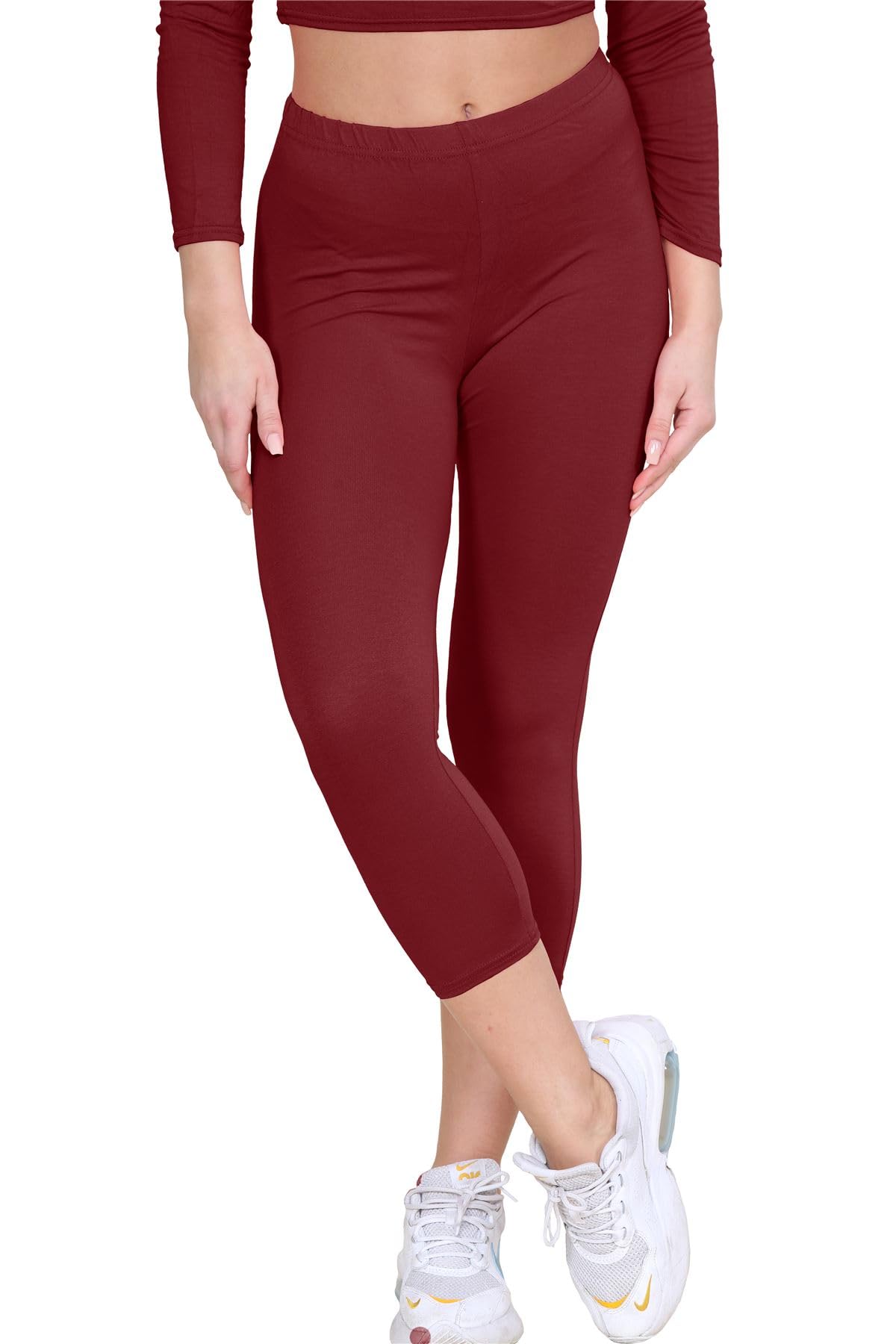 Janisramone Women's Wine New Plain Stretchy 3/4 Leggings Workout Tight Gym Cropped Capri Active Pants