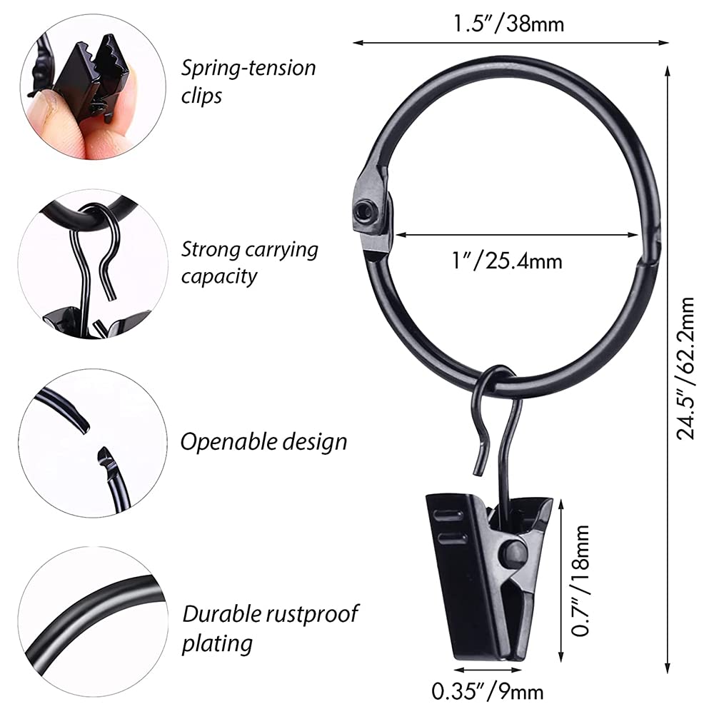 Lot De 42 Anneaux De Rideau, Avec Clips, Rideaux Décoratifs, 1 Pouce, Noir
