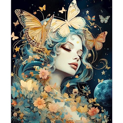 Tucocoo Butterfly Woman Paint by Number for Adults Beginner, DIY Digital Oil Painting Kits on Canvas with Brushes and Acrylic Pigment Moon Stars Creative Style for Home Decor 16x20 inch (Frameless)