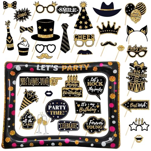 KiKiHong 37 Pièces Kit Photobooth Anniversaire Noir & Doré - Accessoires Anniversaire avec Cadre Photo Gonflable 65 * 78cm,Accessoires Photobooth pour Fête d'anniversaire