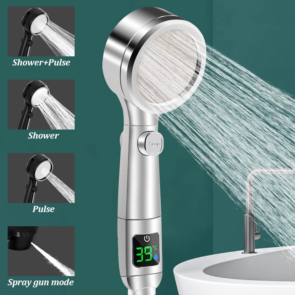 Umweltfreundlicher Wassersparender R-Duschkopf – 4 Sprühstöße M & digitale Temperaturanzeige – SK-Silber-Design für moderne Badezimmer