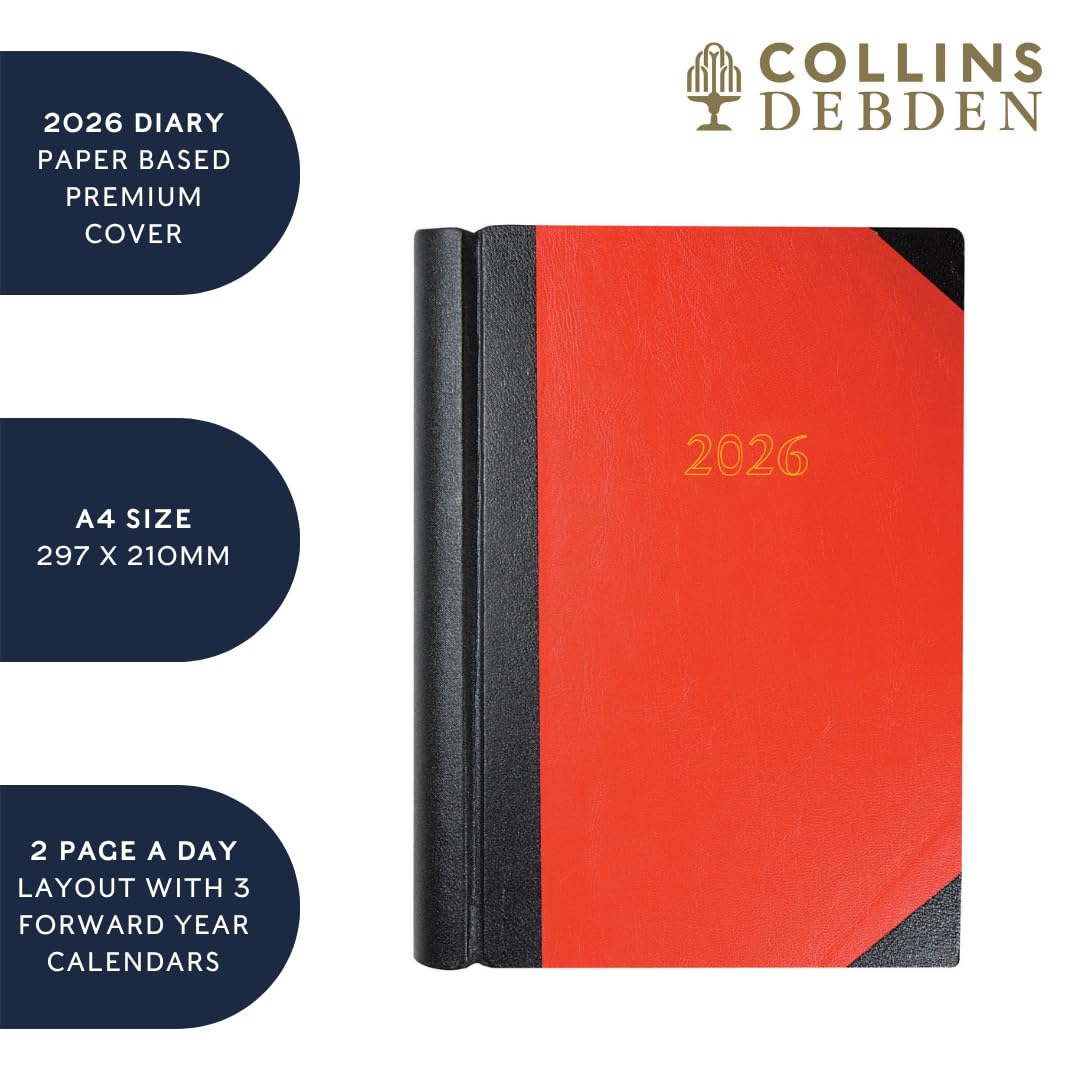 Collins - Scrivania - Calendario 2026 12 mesi Agenda annuale, due pagine per un giorno, copertina rigida A4 - rosso (42.15-26)