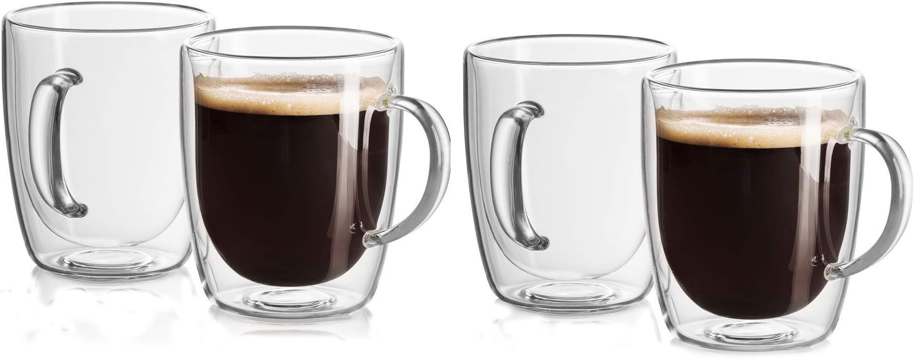 ECO NAVA Set of 4 Pack Creative Wall Double-Layer Unique Glass Mugs for Coffee, Espresso, Transparent Drinking Clear with Double Handle Wall Cup- for Coffee, Tea. Clear Glass Coffee Cups with Handle