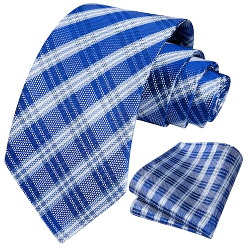 Image of HISDERN Ties for Men Plaid Checkered Tie with Pocket Square Woven Business Formal Necktie Handkerchief Set Wedding Party