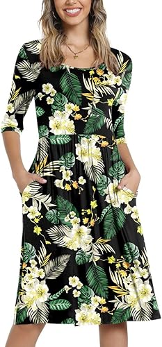 Miniatura 2 de CATHY - Vestido casual 2022 de manga 34 para mujer, es informal, con bolsillos, cintura alta, cuello redondo y de longitud media