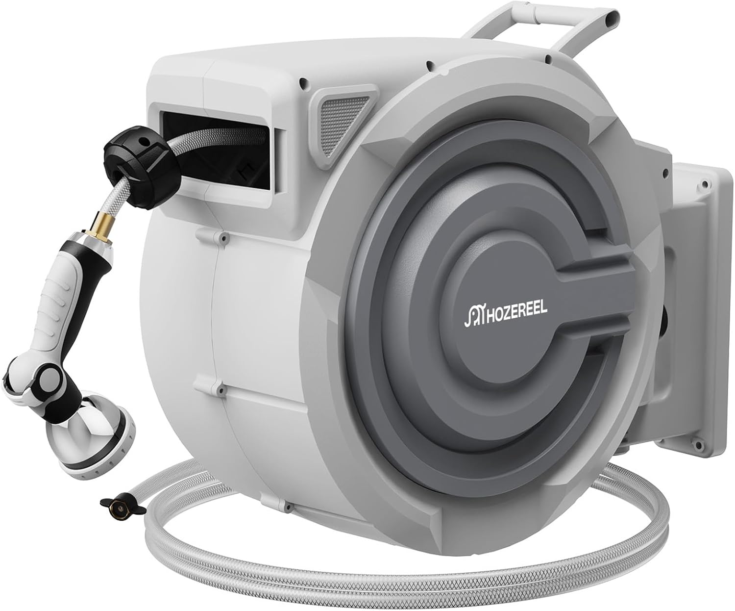 5/8" x 100 FT Retractable Garden Hose Reel by HOZEREEL, Outdoor Garden Hose Reels - Automatic Self Retract Wall Mount Hose Reel Enclosed Storage, Any Length Lock, 10 Pattern Nozzle-Grey 5/8" 100 FT Hose & Reel