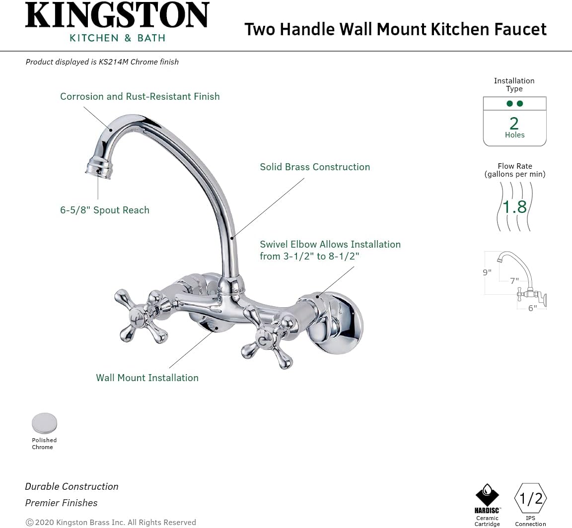 Suреr Bіg Clеаrаnсе! Kingston Brass KS214M High Arch Spout for Wall Mount Kitchen Faucet with Metal Cross Handle, Polished Chrome,6-5/8 inch spout reach