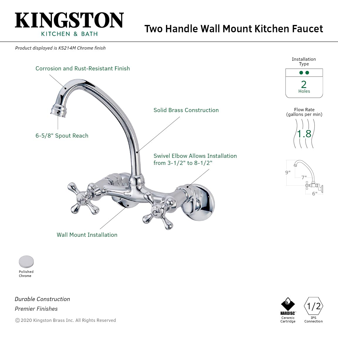 Kingston Brass KS214M - Boquilla de arco alto para montaje en pared grifo de cocina con mango de cruz de metal, cromo pulido