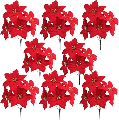 WISTART Flores de Pascua artificiales de Navidad, paquete de 6 arbustos artificiales de flor de pascua roja seda, flores de Navidad rojas, 7
