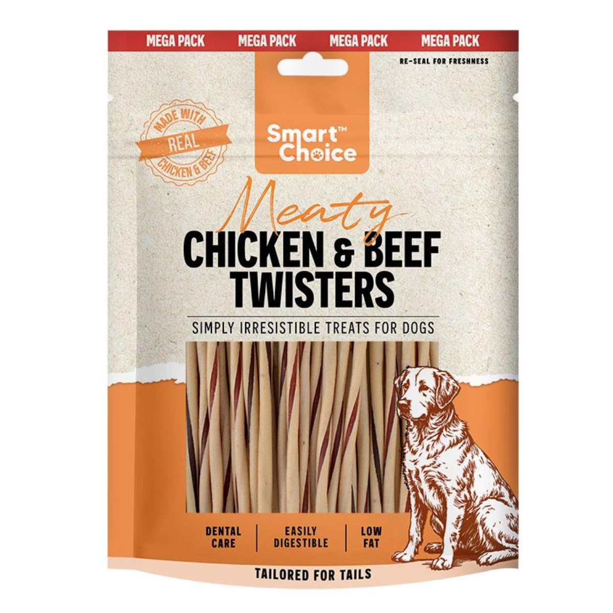 Chicken & Beef Twister Dog Treats Made with Real Chicken, Low Fat Dental Care Training Rewards, Easy Digest Chewy Snacks in Resealable 300g Pack Approx 60 Pieces - Mega Pack