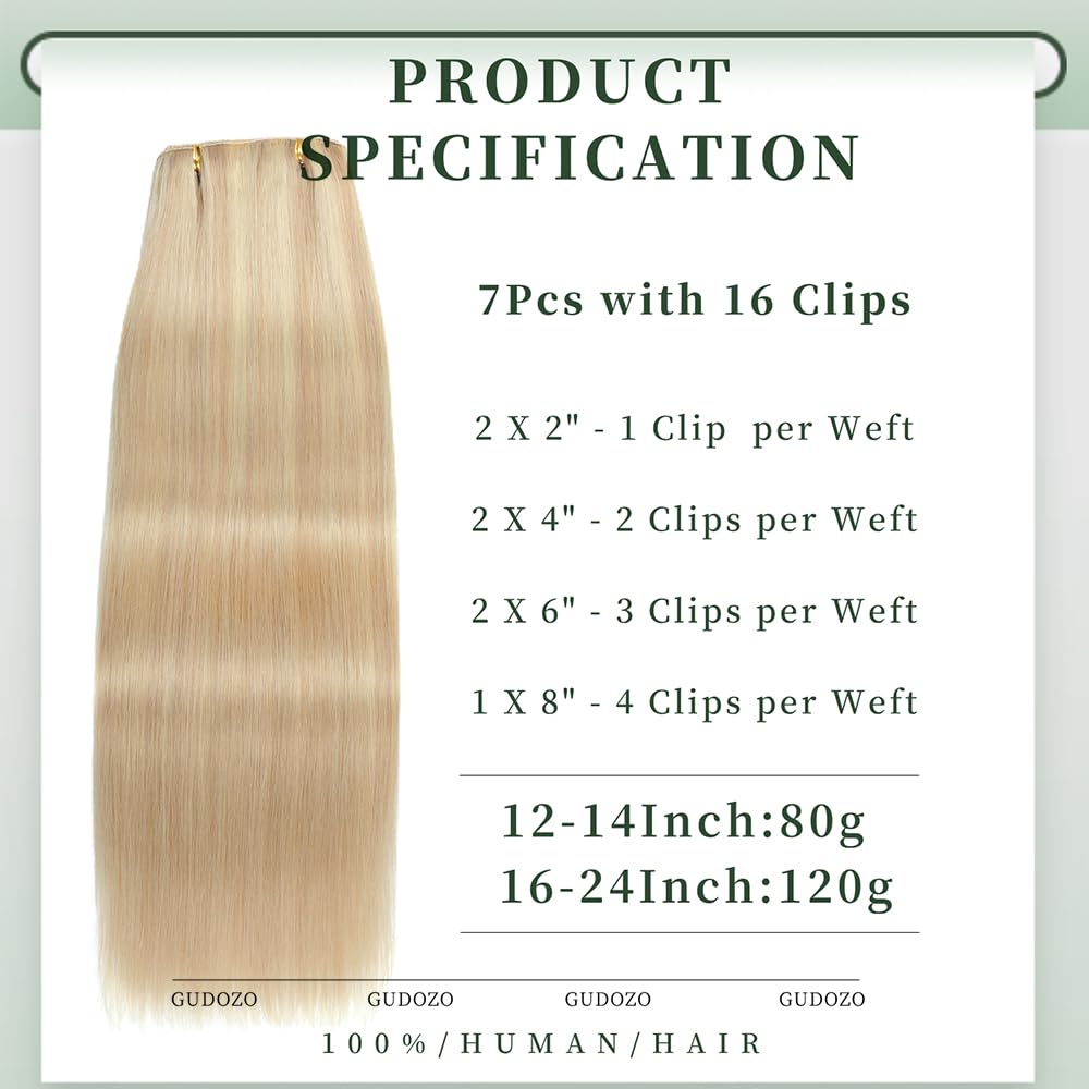 GUDOZO Clip in Extensions Human Hair 7pcs 35cm 80g Invisible Clip Extensions Human Hair Extensions Human Hair Clip Extensions Skin Weft Hair Extension(14Inch,P18K/613#)