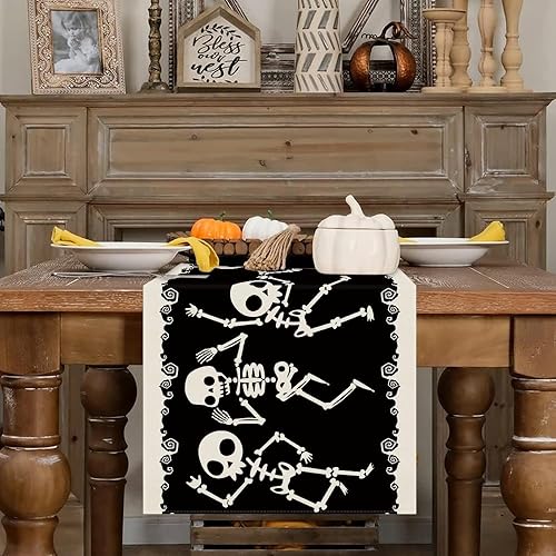 Miniatura 2 de Camino de mesa de Halloween, esqueleto bailando, divertido lino negro, decoración temática de Halloween, decoración del hogar, cocina, comedor,