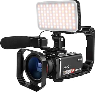 ORDRO Video Camera Vlogging Camera with 12X Optical Zoom Camcorder Video Camera with Mic LED Light Wide Angle Lens Handheld Holder 2 Batteries