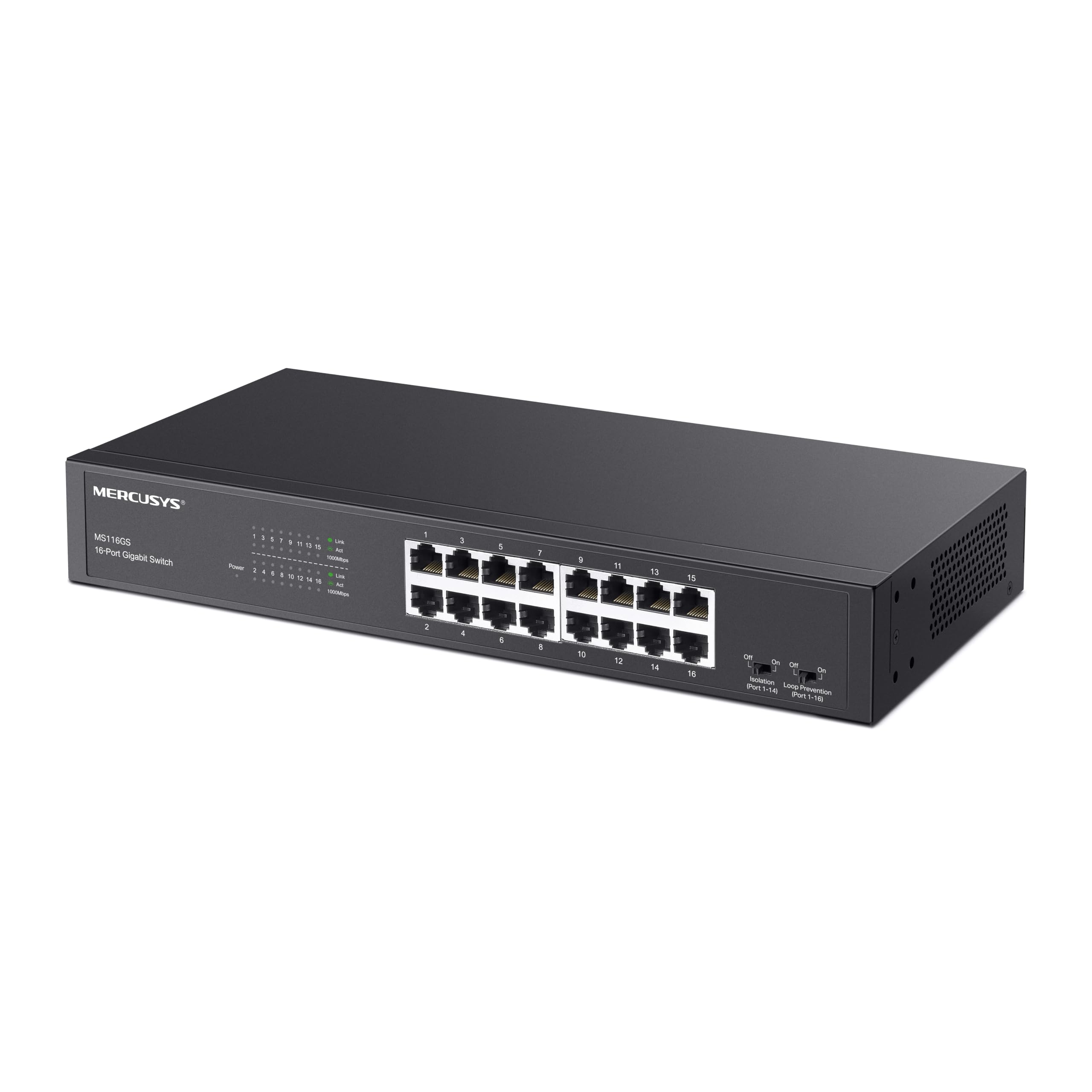 Mercusys MS116GS Switch Gigabit 16 Puertos, Montaje de Escritorio o Bastidor, Plug & Play, prioridad de tráfico, prevención de Bucle, Modo de Aislamiento, Funcionamiento silencioso, Carcasa de