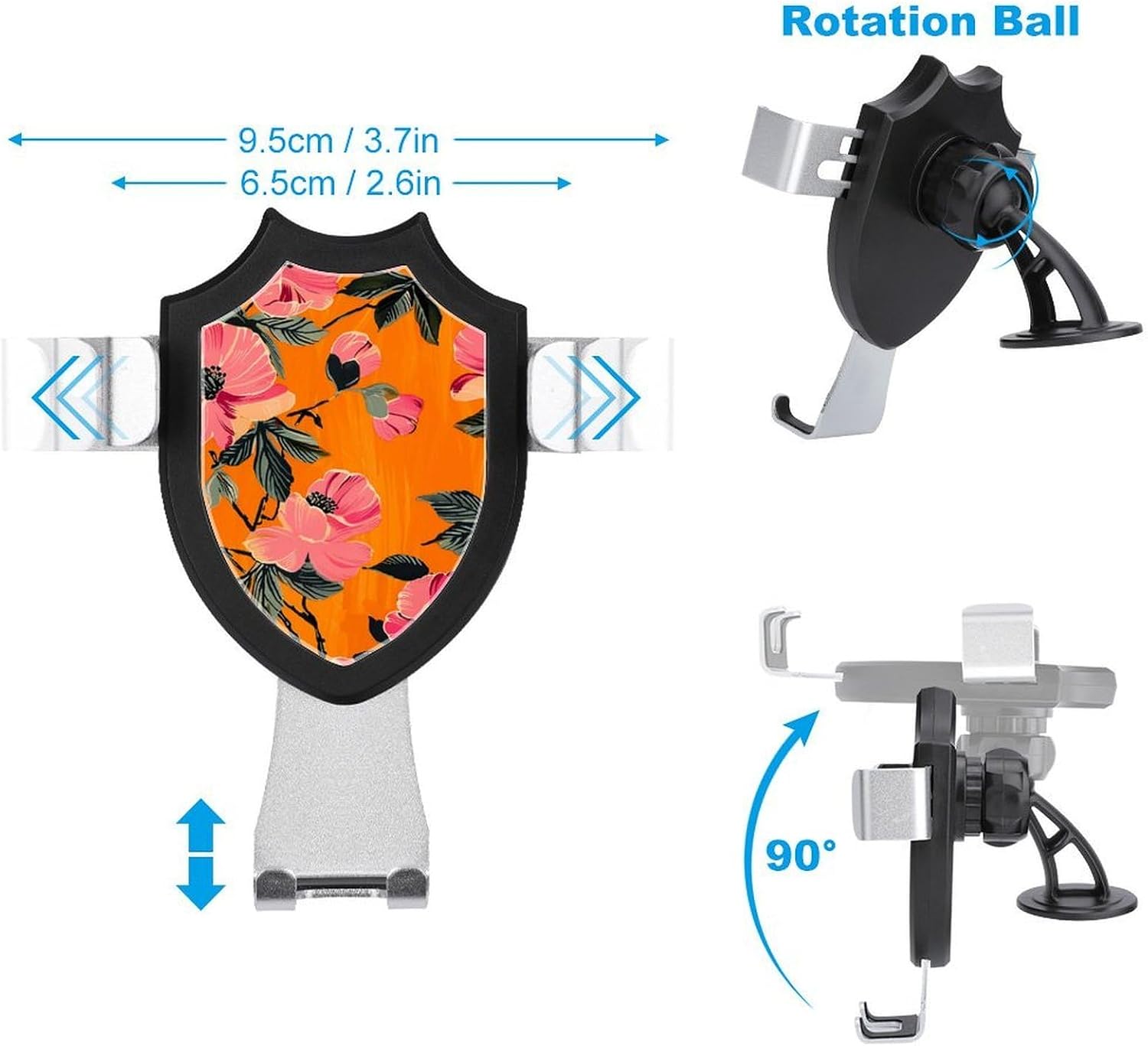 2-in-1 Peach Flower Pattern Car Phone Holder - Universal Cell Phone Mount for Dashboard Windshield Vent Cellphone Stand, Adjustable Cellphone Mount Fits All Smartphones