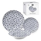 ROCKING GIFTS Vajilla 18 Piezas Flor Azul Porcelana Set Completo para 6 Personas Platos Diseño Floral Comida Mesa