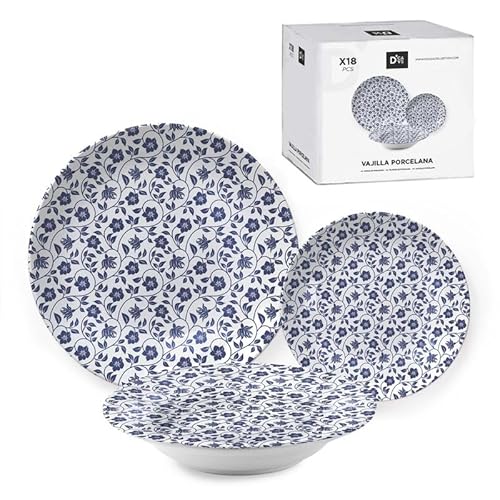 Imagen de ROCKING GIFTS Vajilla 18 Piezas Flor Azul Porcelana Set Completo para 6 Personas Platos Diseño Floral Comida Mesa