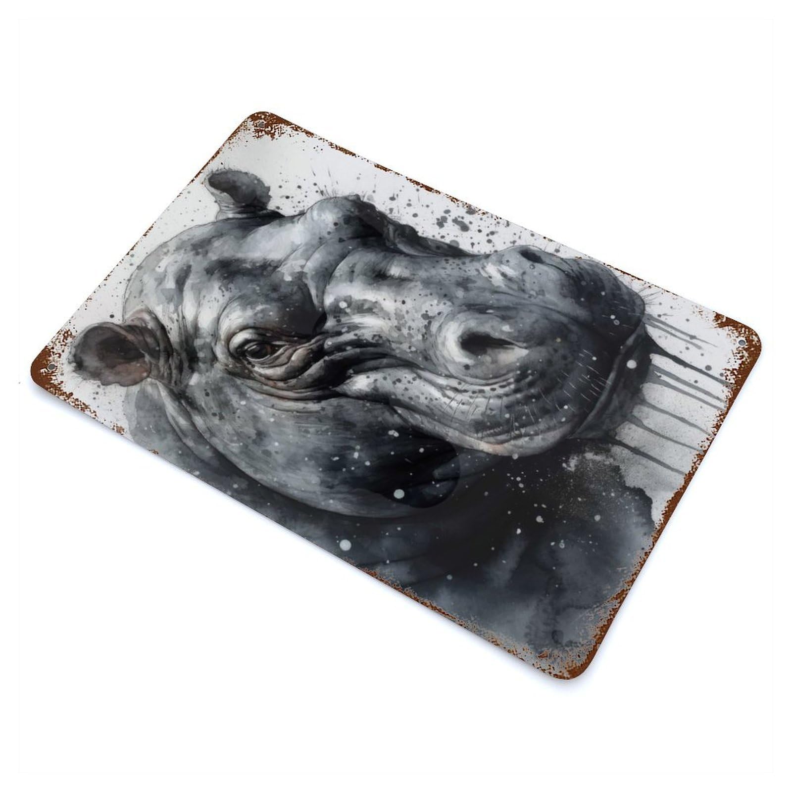 Vintage Rust Metal Sign Hippo Majesty Watercolor 11.8"x7.9", Shabby Chic Decor for Cafe, Home Bar And Lounge Decor