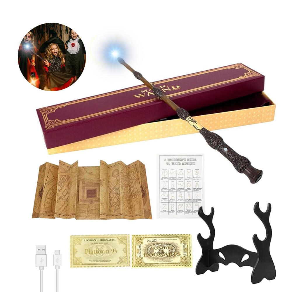 Bacchetta Sambuco con Luce, USB Ricarica, Confezione Regalo con Carta Incantesimo, Biglietto della Stazione, Mappa e Porta Bacchetta