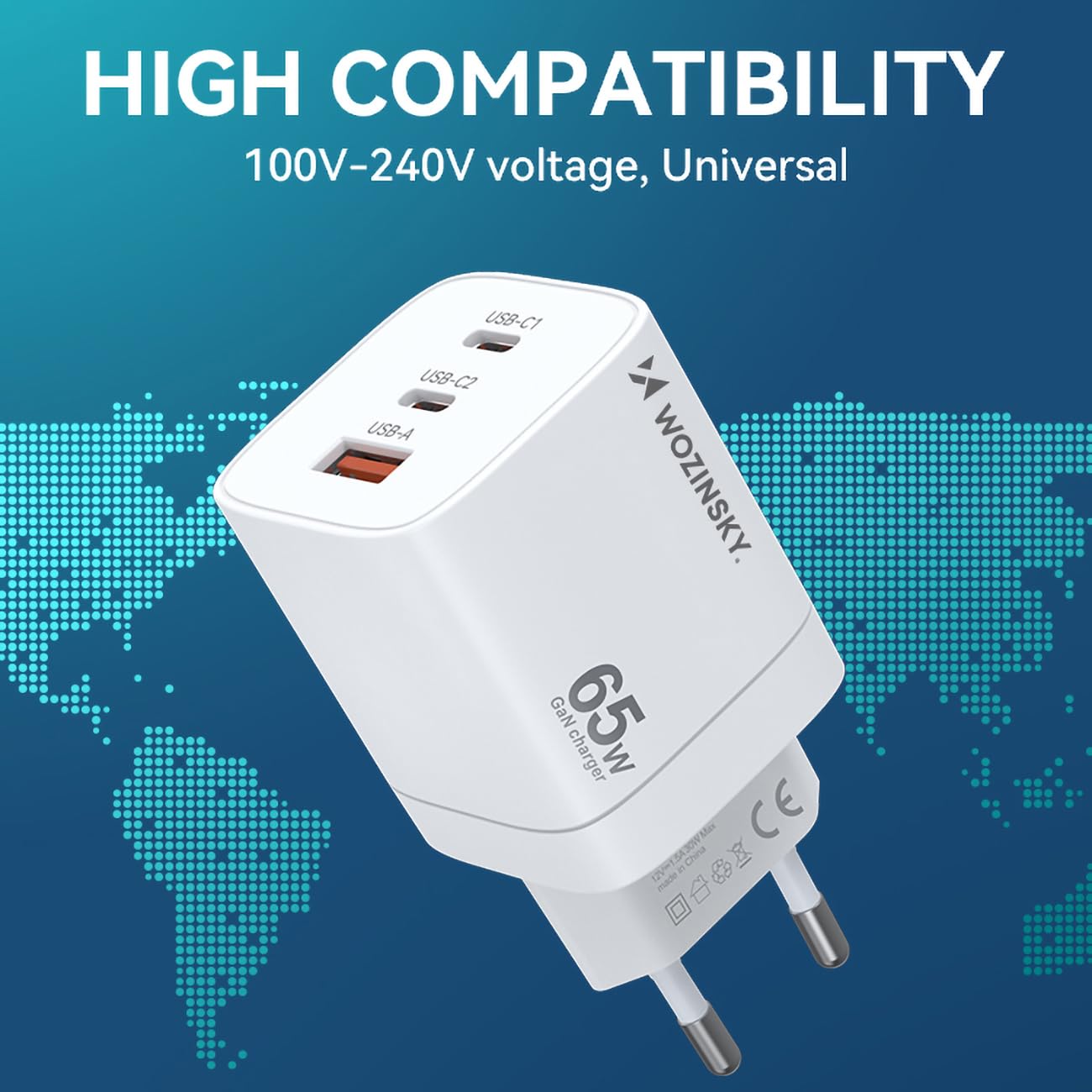 Wozinsky GaN szybka ładowarka 65 W – 1 x USB-A i 2X USB-C – kompaktowy adapter sieciowy – biała