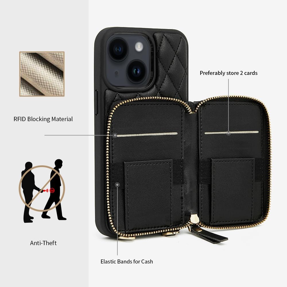 LAMEEKU Compatible with iPhone 13 Wallet Case, Quilted Leather Crossbody with Chain Strap for Women Shockproof Cover for iPhone 13, 6.1 Inch-Black