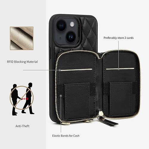 Miniatura 42 de LAMEEKU for iPhone 15 Pro Case Wallet, Crossbody Wallet Purse with Card Holder, Quilted Leather Zipper Wrist Strap RFID Blocking Cover for Women for
