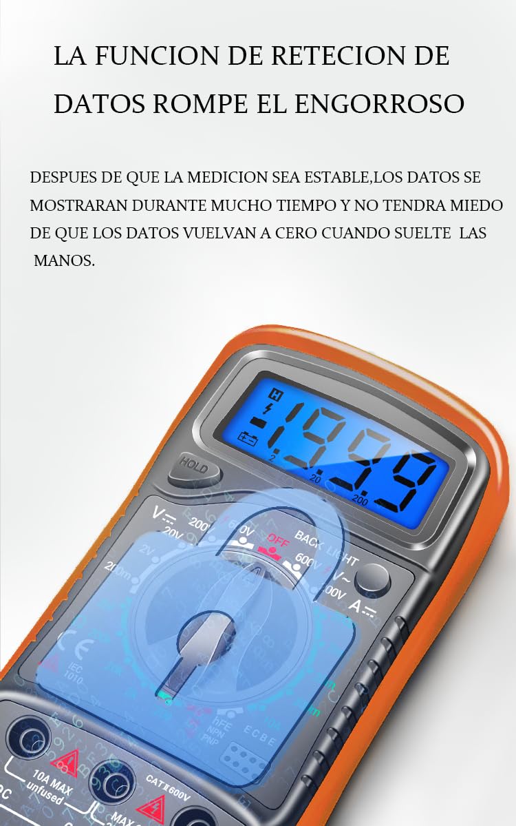 Multímetro Digital Profesional, Polimetro Digital con Pantalla Retroiluminada, Voltimetro Portátil y Resistente, Multifunción para Hogar y Taller, Manual en Español