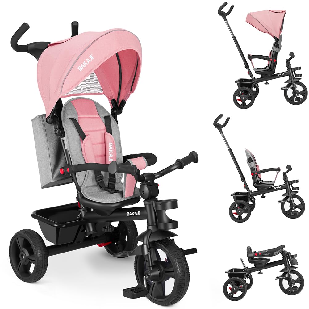BAKAJI Triciclo Passeggino 4 in 1 per Bambini, Pedali o Manico Antiscivolo Ergonomico per Spinta, Sediolino Imbottito, Cinture di Sicurezza, Asta Direzionabile, Tettuccio Cappottino Parasole (Rosa)