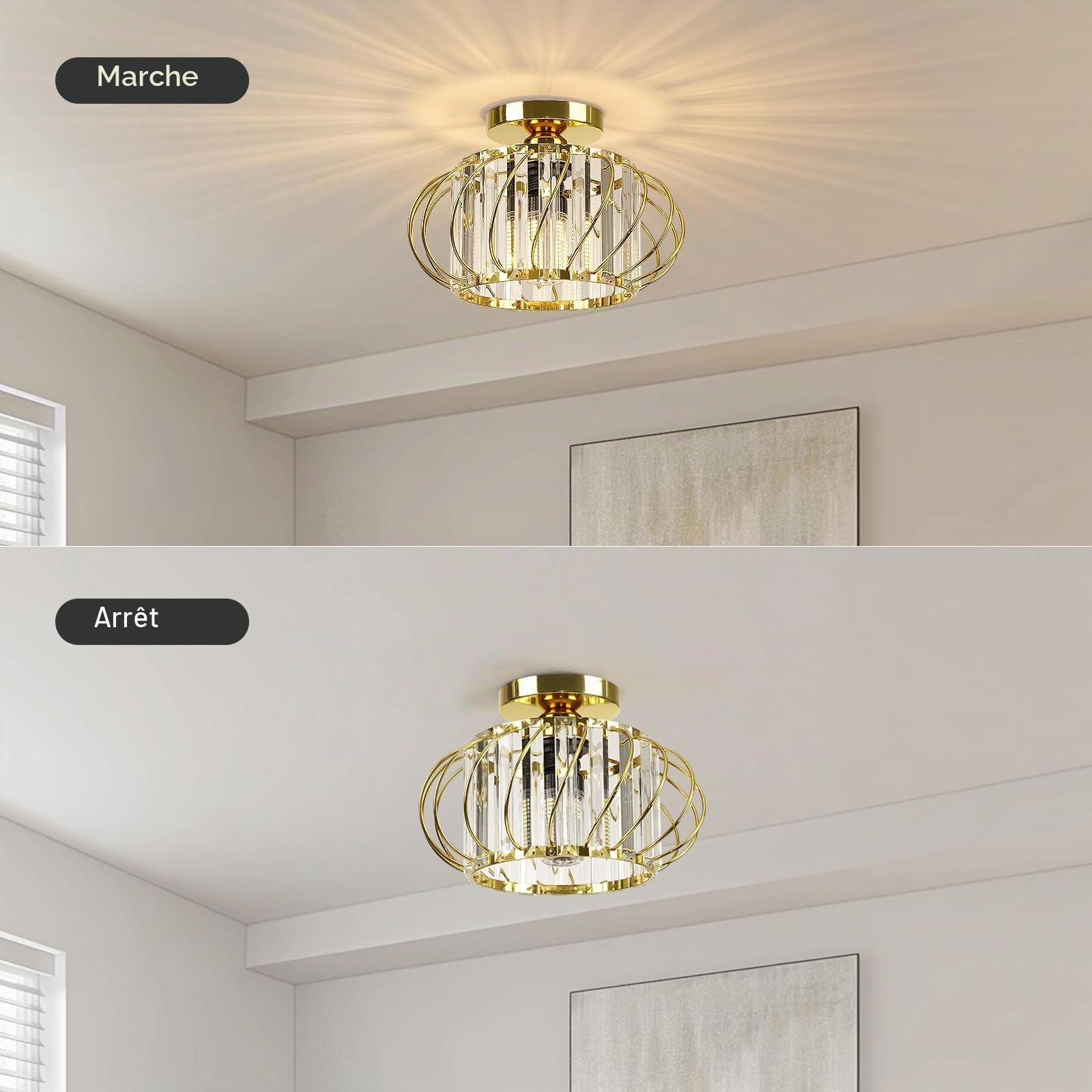 FRIDEKO HOME Plafonnier Or Lustre Cristal,Moderne Plafonnier Métal Rond Abat-jour E27 Lampe Plafond pour Chambre Salon Cuisine Couloir,Ø28cm
