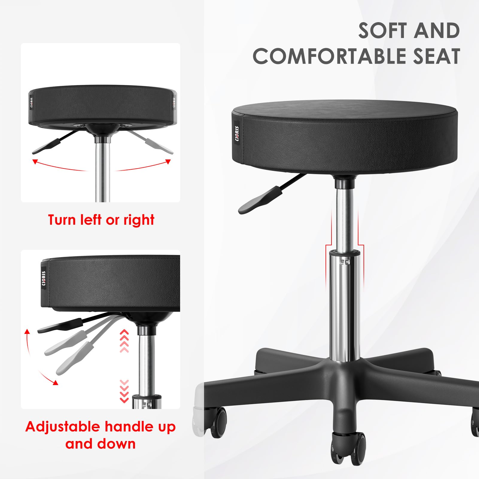 Taburete redondo con ruedas con capacidad para hasta 350 libras, altura ajustable, patas de nailon con ruedas para spa, masaje, salón, hogar, oficina, médico, tatuaje, bar, negro 3