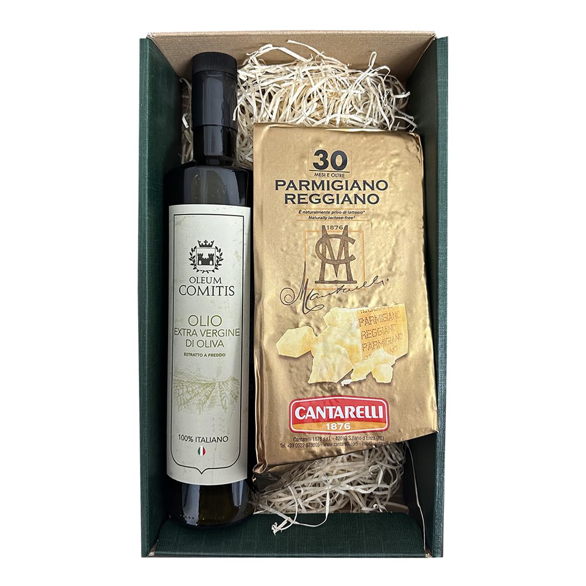 Oleum Comitis - Oliwa z oliwek Extra Virgin - 100% włoski ekstrakt na zimno - opakowanie prezentowe z butelką 750 ml i parmezanem Reggiano Cantarelli 1876, sezonowane, 30 miesięcy, po 1 kg