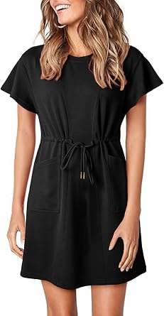 EVALESS Womens Spring Summer Dresses 2026 Casual Round Neck Ruffle Short Sleeve Flowy A Line Mini Dress with Pockets