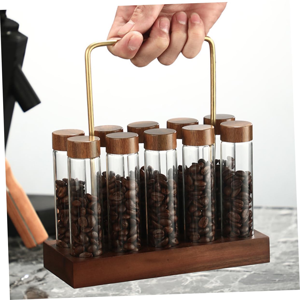 Luftdichtes Glas Kaffeebehälter Satz mit Holzständer Aufbewahrungsröhrchen für Kaffeebohnen Aromaschutz Platzsparend für Küche und Haushalt