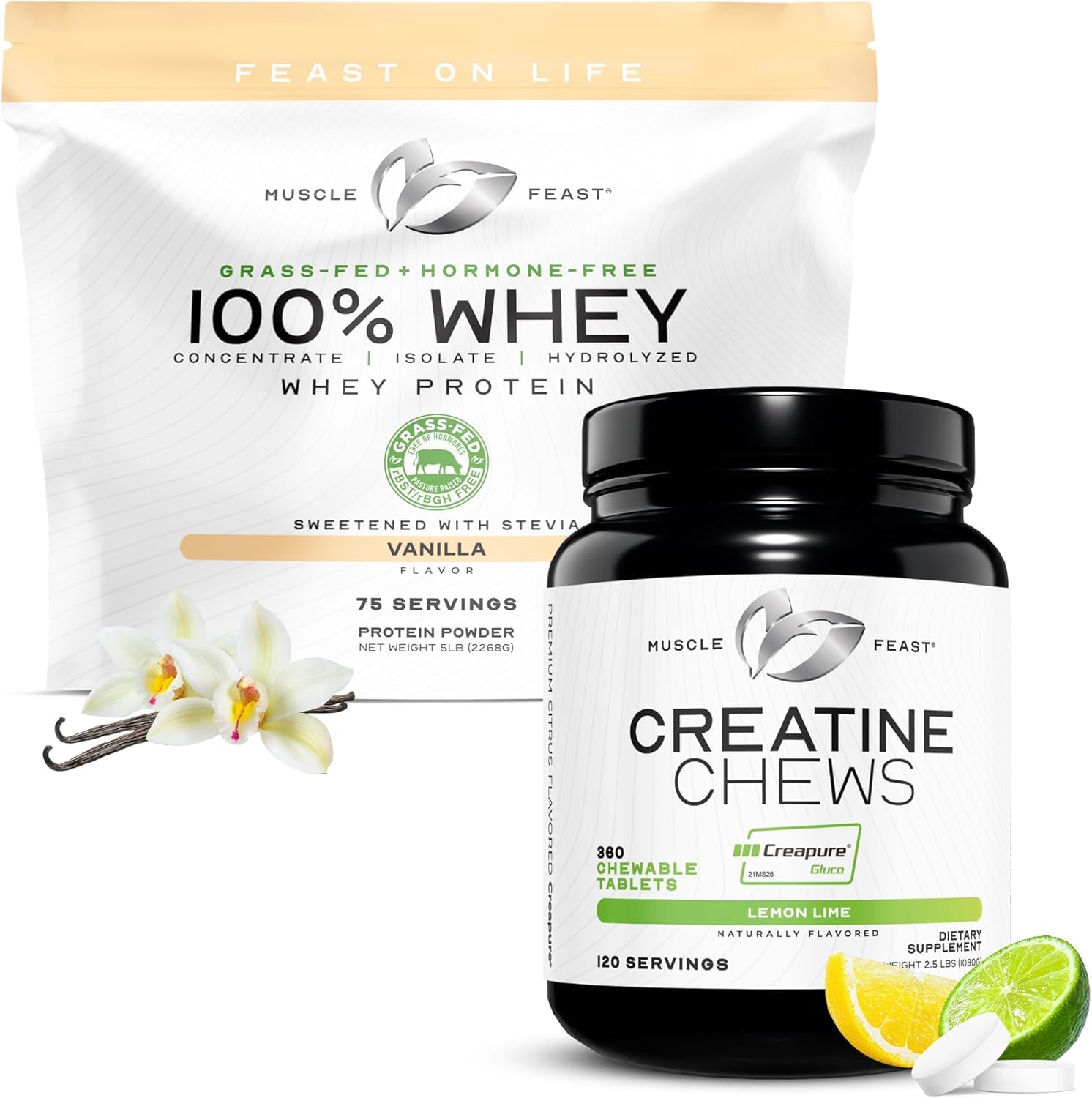 Muscle Feast 100% Whey + Creatine Candy Bundle: 1 100% Whey Protein (Vanilla, 5lb) + 1 Creatine Candy (Lemon Lime, 360) | Premium Supplements, Vegetarian, Glute